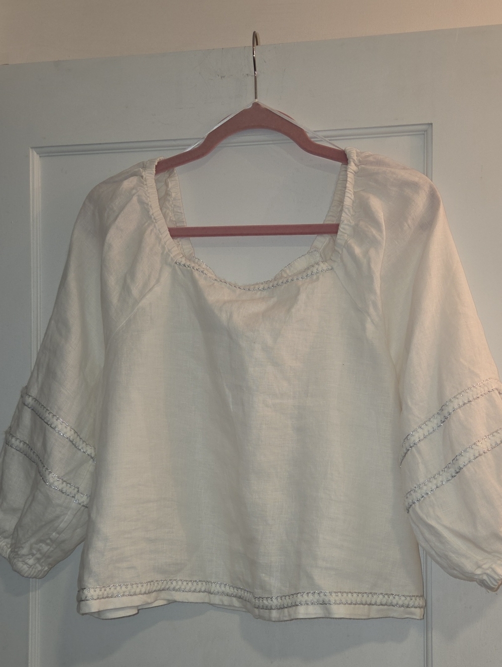 Joie Linen Boho Peasant Blouse with Embroidered Trim